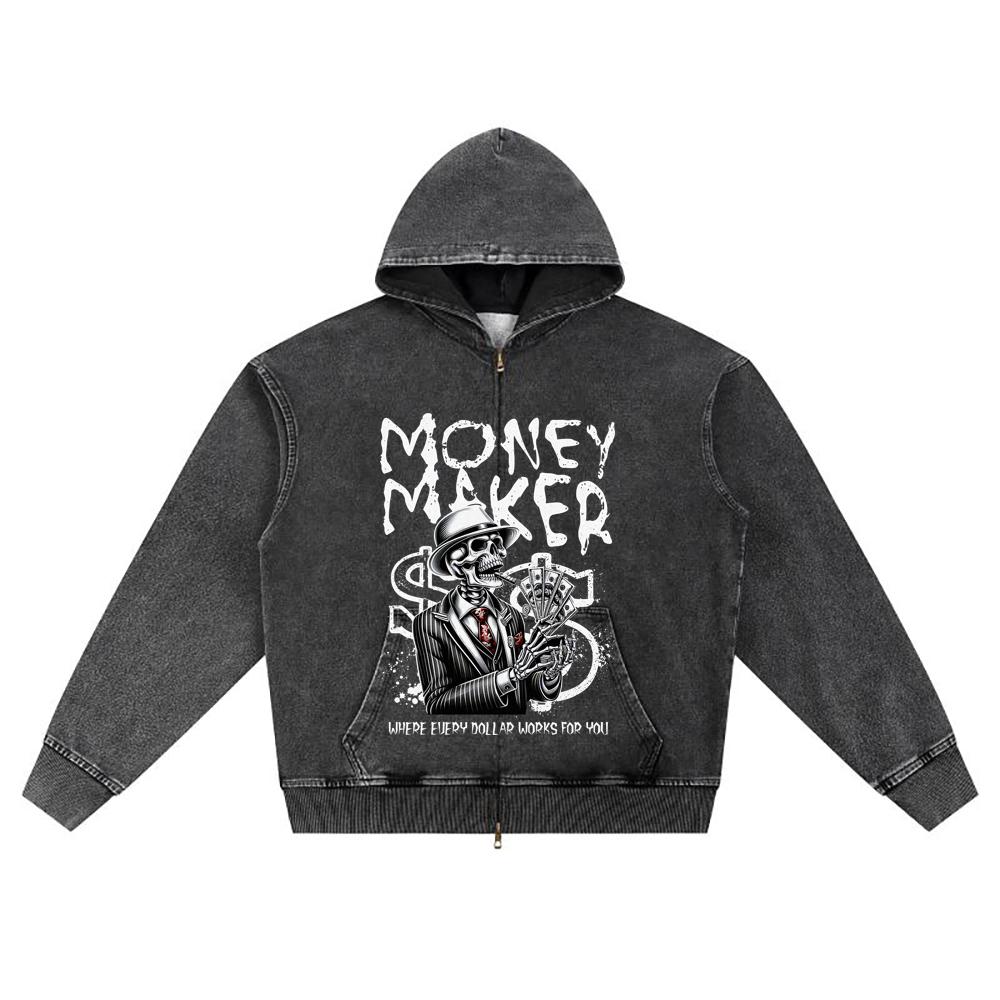 

DTG print Knitted Denim Zip-Up Hoodie Skull Money Maker Brother Print Zipper Hoodies S