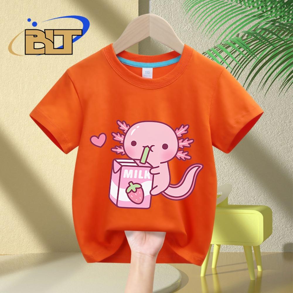 Cute Strawberry Milk Graffiti Print Children's T-shirt Summer Short-sleeved Casual Tops for Boys and Girls