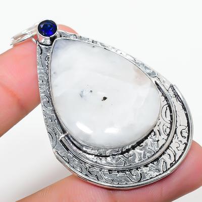 Natural Rainbow Moonstone, Blue Topaz 925 Sterling Silver Pendant 2.36" O1h27