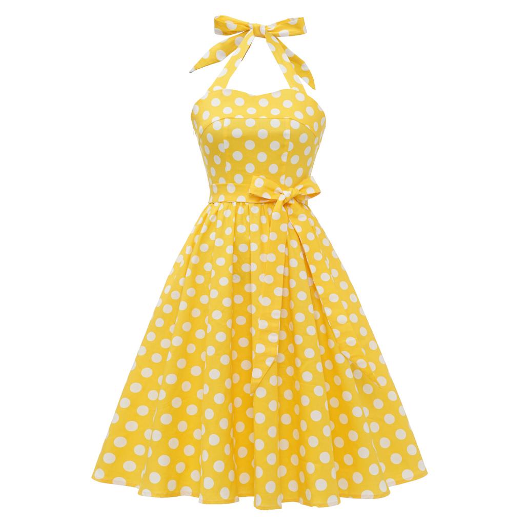 Vintage blue polka-dot lace-up halter-neck flared ball gown – elegant performance dress for the annual party