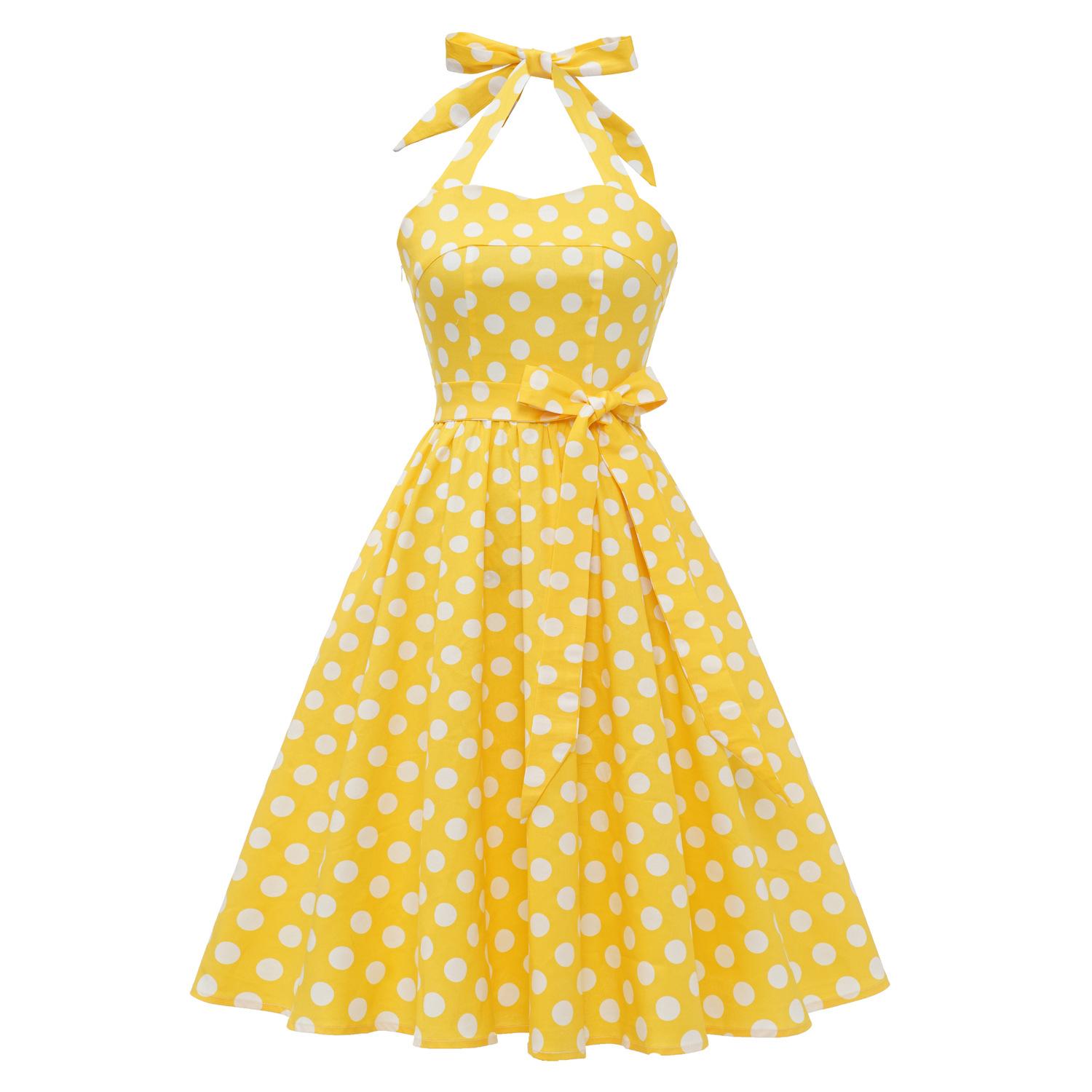 

Vintage blue polka-dot lace-up halter-neck flared ball gown – elegant performance dress for the annual party S