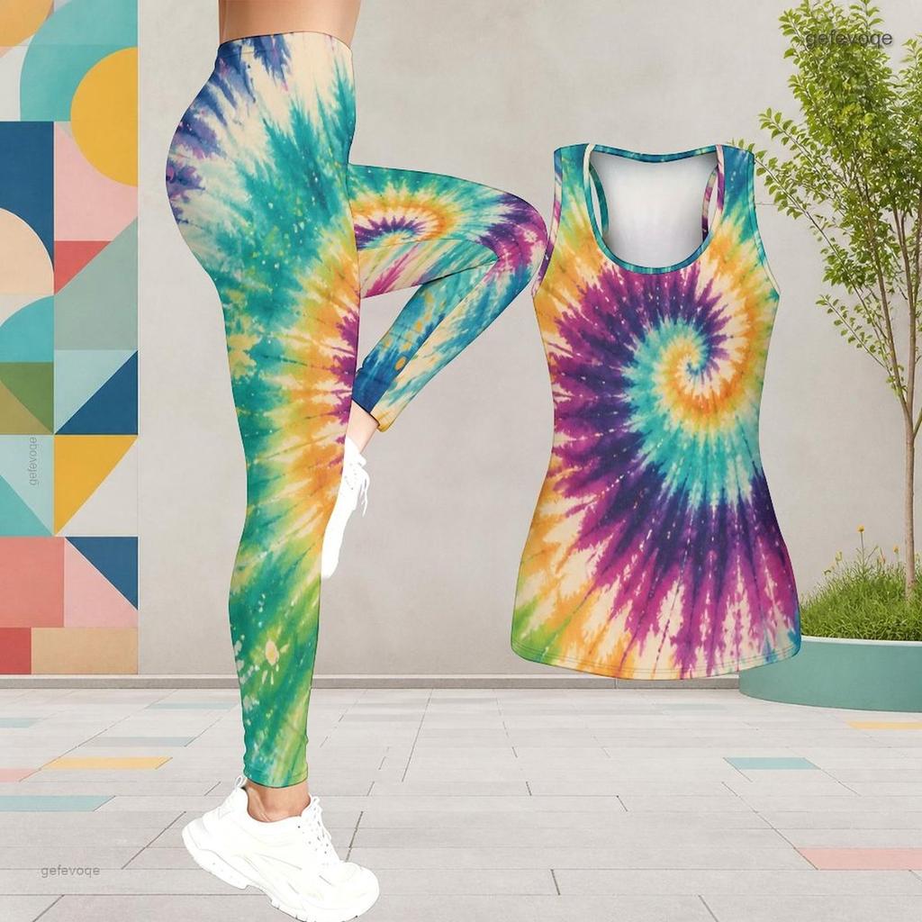Womens Plus Size Two Piece Set Scoop Neck Sleeveless Printed Longline Tank Top And Fitted Pants