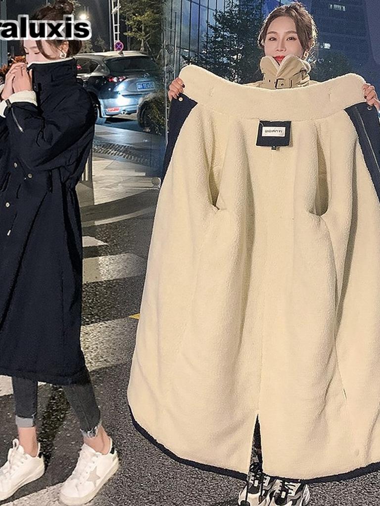Mit Fleece gefütterter Lammwollmantel Damen Winter Dicke Baumwolljacke Lange Länge Über dem Knie Koreanisch Locker Warm Gefütterter Mantel