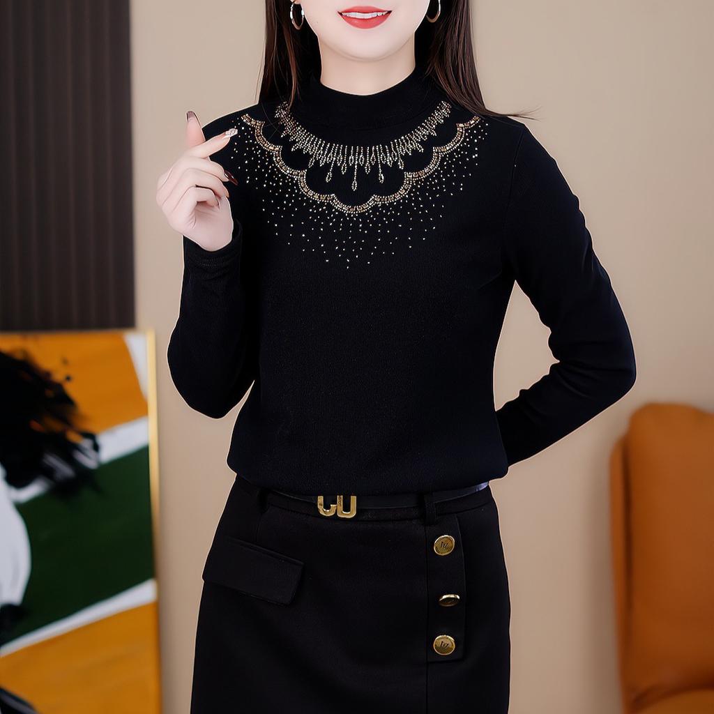 Spring Fashionable Slim-fitting Base Shirt Black Half-high Neck Versatile Top Temperament Solid Color Long-sleeved T-shirt