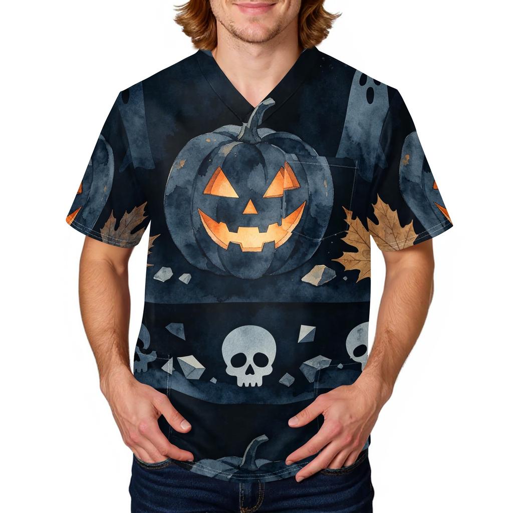 Herren Kurzarm Kasack mit Halloween-Print Arbeitsuniform