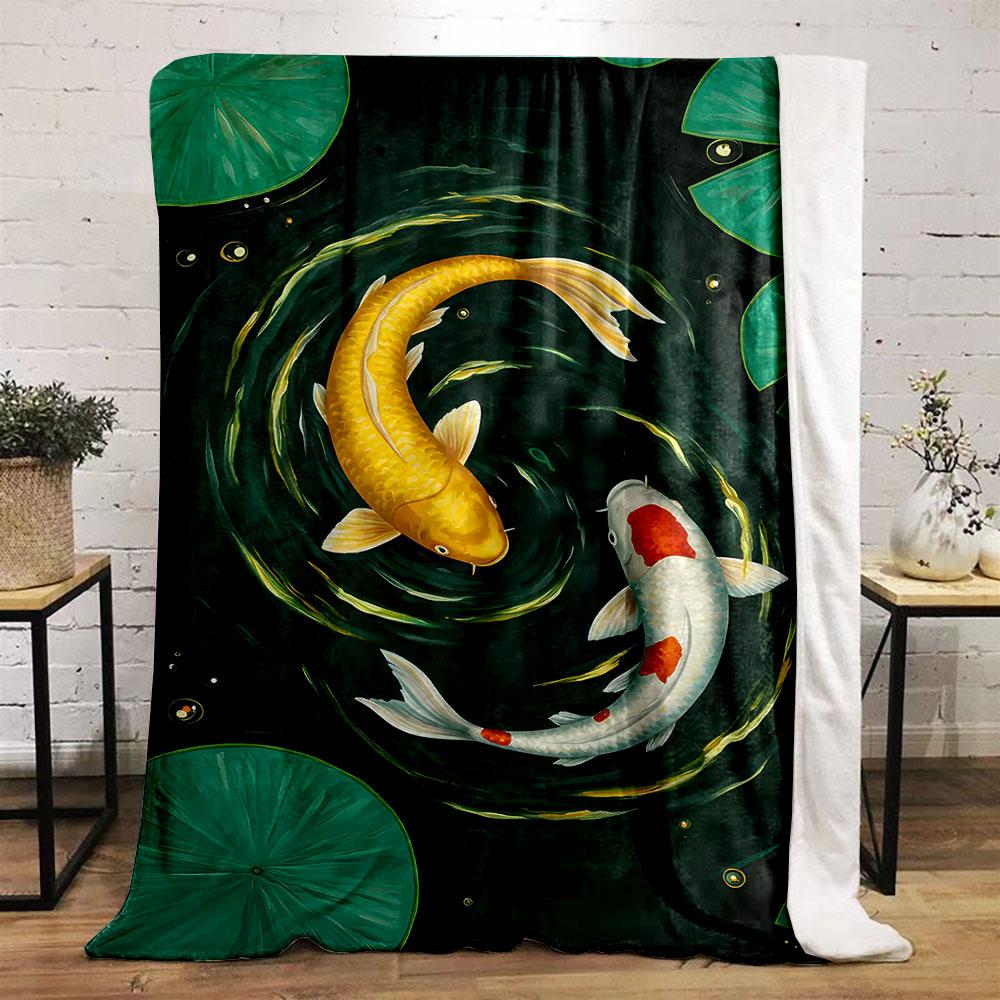 Multiple Sizes Two Koi Swimming Print Blanket Warm Soft Suitable for All Seasons for Home Sofa Travel Camping Picnics RV