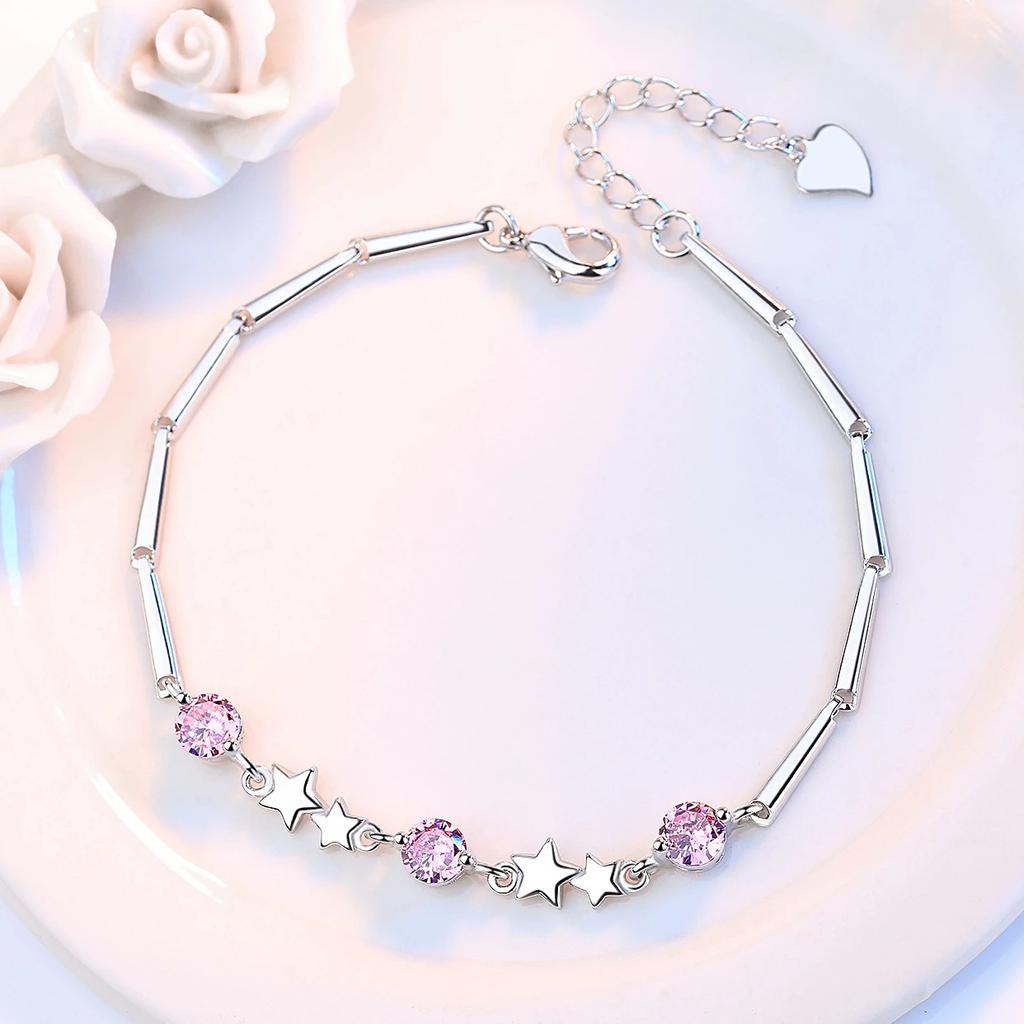 Copper Classic Star Pink Crystal Bracelets for Women Fashion Designer Jewelry Party Wedding Accessories Gifts