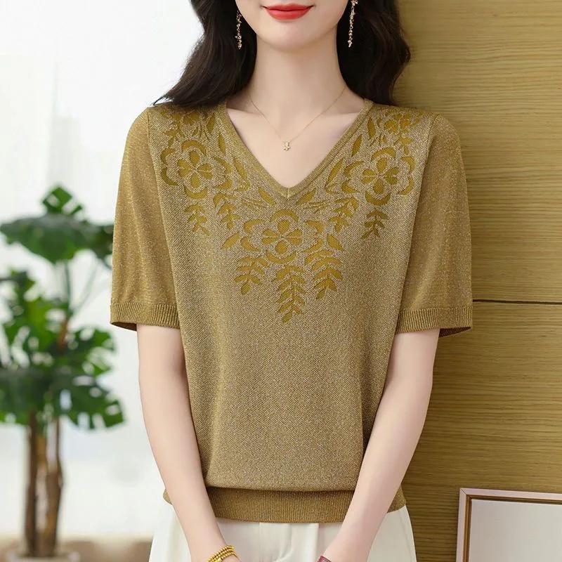 T-shirt Women Versatile Summer Casual Large Size Loose V Neck Knitted Pullover Short-sleeved Tops