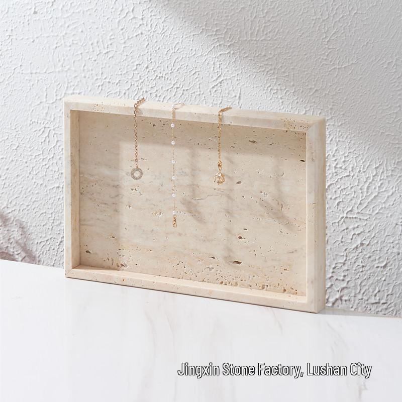 Nordic Beige Travertine Marble Tray: Light Luxury Entrance Hall Decoration & Jewelry Storage Ornament