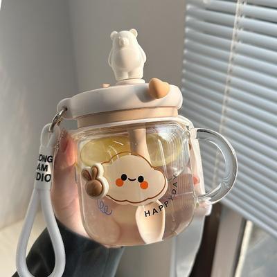 Tazza per acqua in vetro con orso carino da 700 ml con coperchio con manico, cannuccia gigante per mescolare, tazze per succo, tazze portatili per caffè e latte, doppie bottiglie