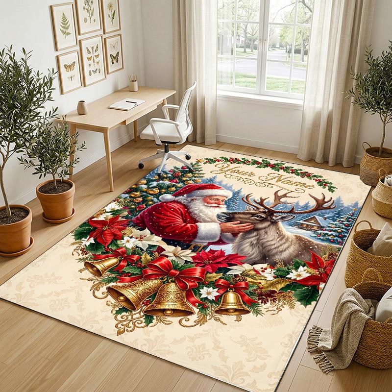Christmas Theme Crystal Velvet Rug Personalized Custom Name Text Soft Floor Mat Home Decor