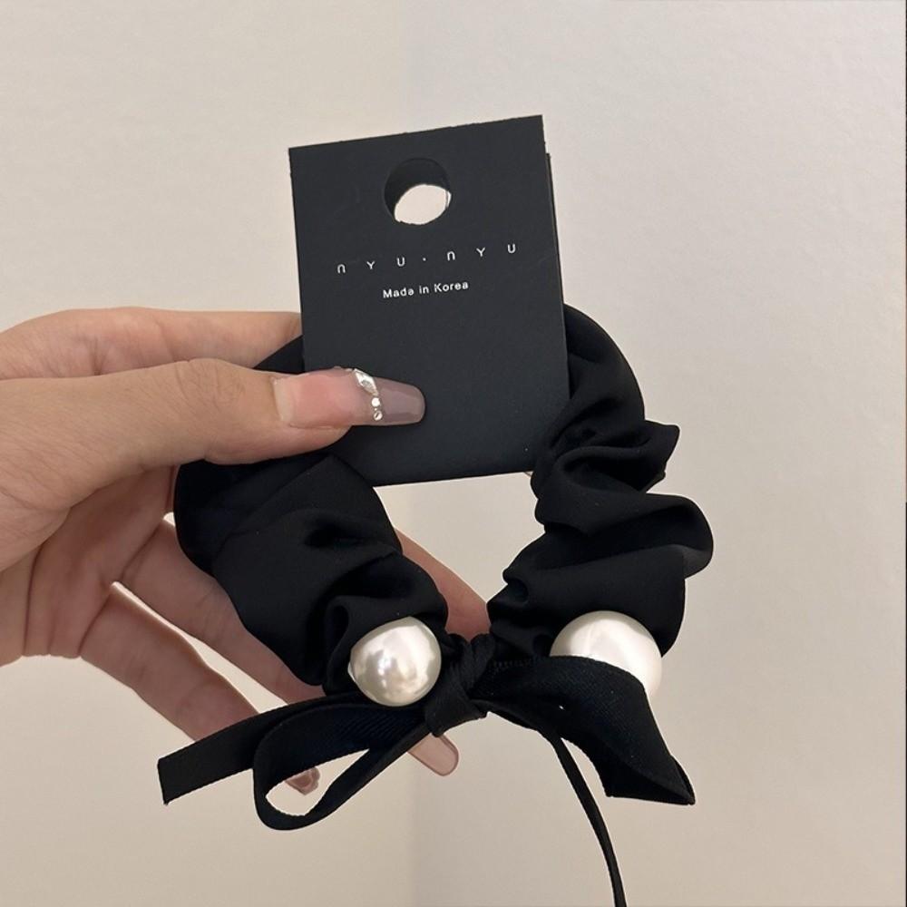 Black Color Pearl Hair Tie Pearl Decoration Bow Headdress Fashion Ponytail Holder  Daily Wear