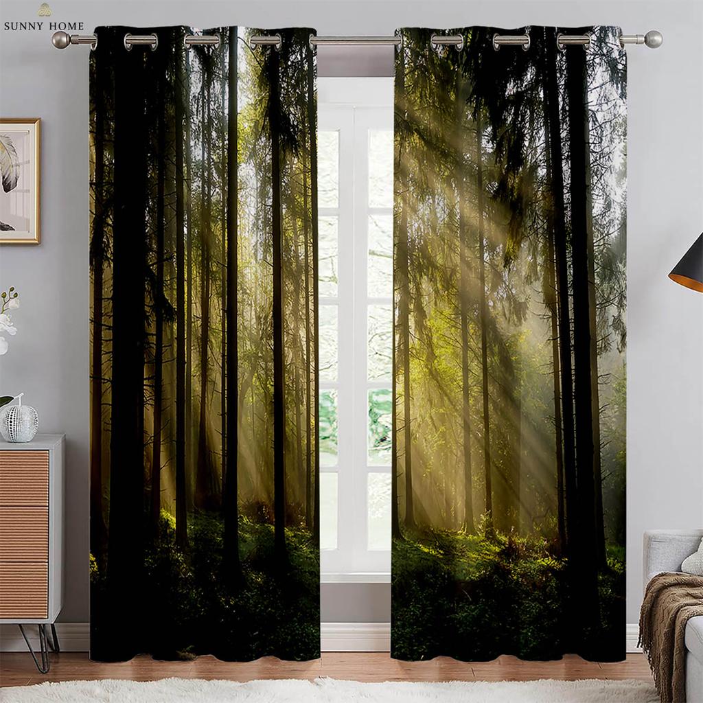 Green Forest Scenery 3d Printed Curtains Black Silk Blackout Heat Insulation Curtains Bedroom Study Living Room Curtains 2pcs