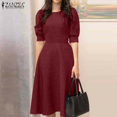 Robe trapèze décontractée à col rond et manches mi-longues pour femme