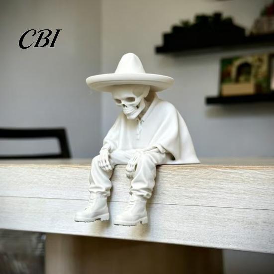 3D Printed Resin Statues Sitting Skeleton Shelf Sitter Figurine, Gothic Hat Desktop Modern Minimalist Statue Ornament, Trendy Home Table Edge