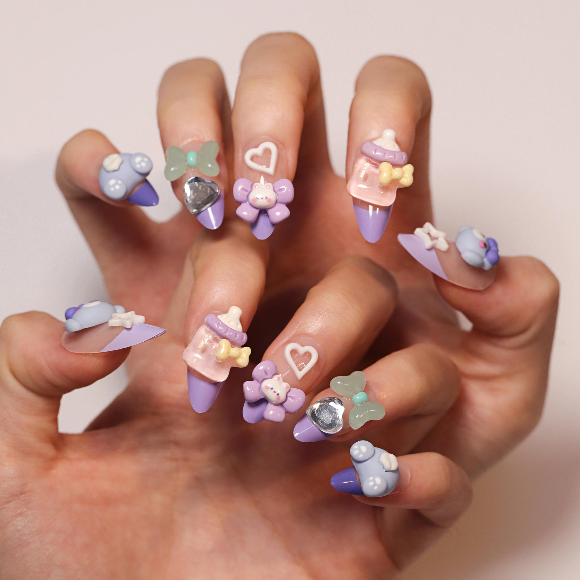 Cute cute elephant manicure fake nails cartoon feeding bottle wearing nail piece three-dimensional bow wearing nail