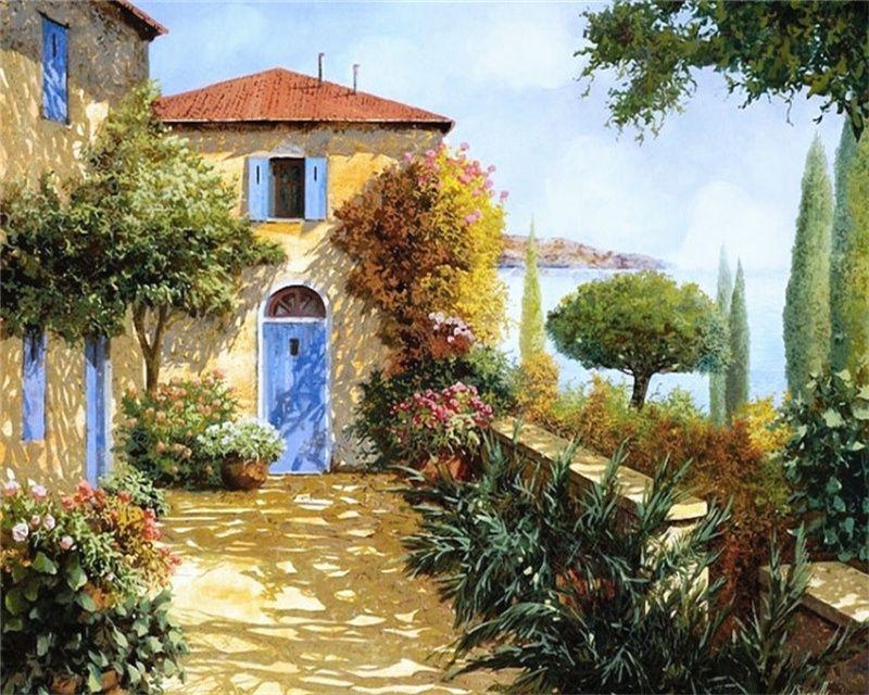 RUOPOTY Barvení podle čísel Městská krajina pro obývací pokoj na plátně Jedinečný dárek akrylový obrázek podle čísel domu