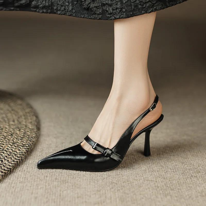 Women's Sexy High Heels Shoes Fashion One-word Buckle Sandal Pointed Toe Thin Heels Soft Leather Sandals Retro Butterfly-knot