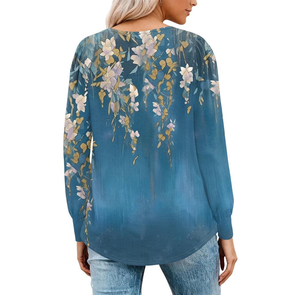 Women's Fashion Casual Pleated Round Neck Vintage Floral Print Long Sleeve T,Shirt Top