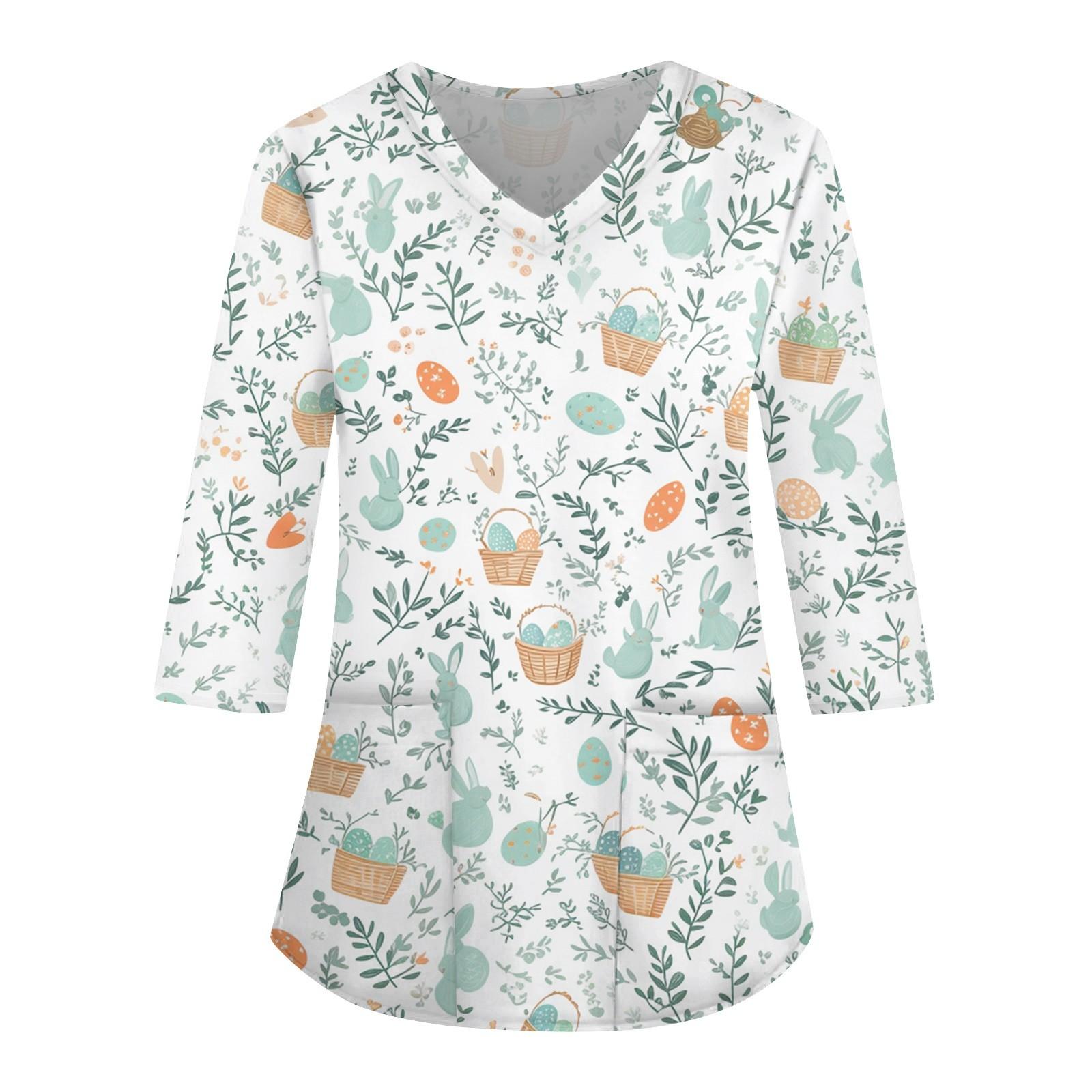 

Модная женская рабочая одежда с v-образным вырезом и рукавами 3/4, свободные топы с карманами и принтом XL белый