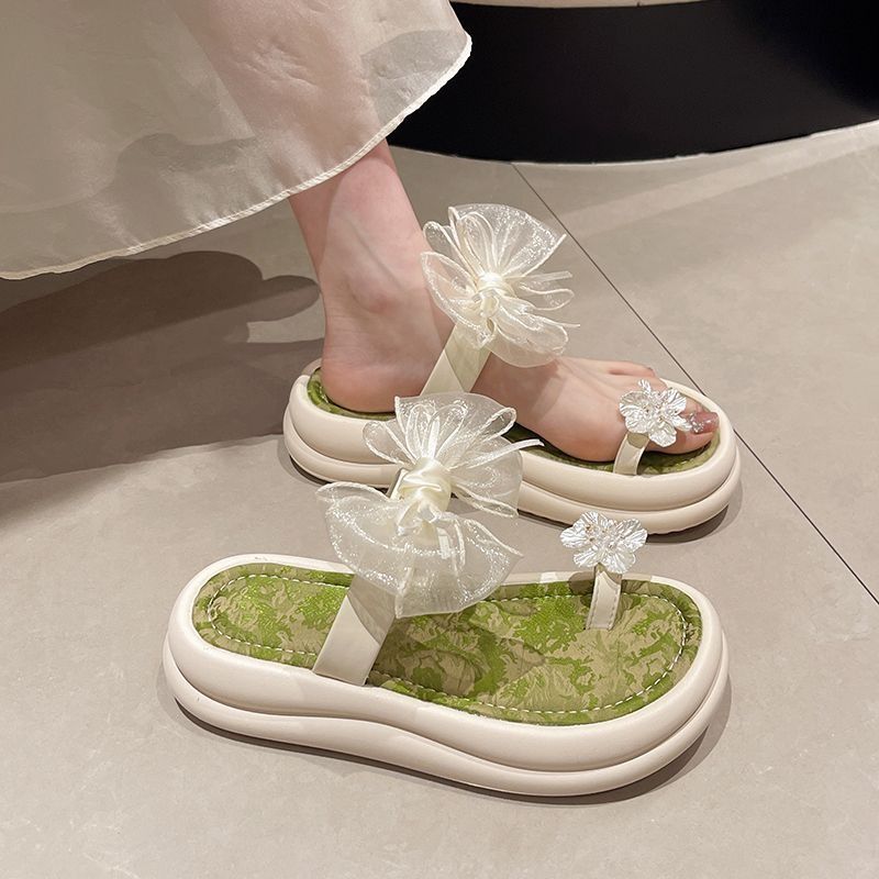 Woman Slippers Open Toe Shoes for Women on Beach Slides With Bow Green Sandals Flat Korea Style Designer Luxury Clappers New Vip