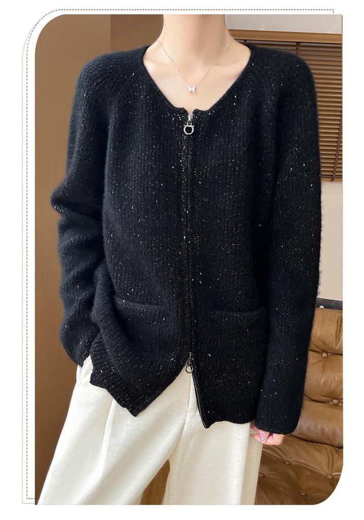 Women's Double Zipper Wool Cardigan - Silk-Cashmere Blend, Long-Sleeved, with Pockets