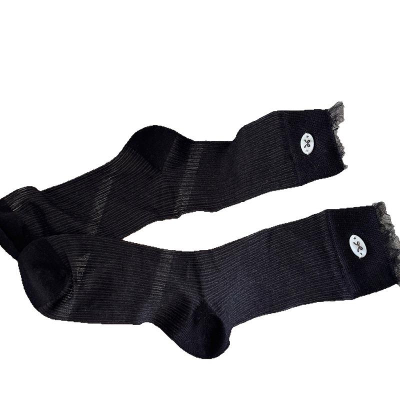 Thin Mulberry Silk Lace Edge Bow Buckle Pile Mid-calf Socks, Sweat-absorbing and Anti-ball Mesh Socks for Women