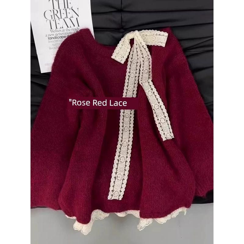 

Новогодний красный свитер с кружевным бантом для женщин, осенне-зимний, с открытыми плечами, ленивый свободный пуловер, вязаный, на все случаи жизни Red S(Suggested 37.50 kg-47.50 kg)