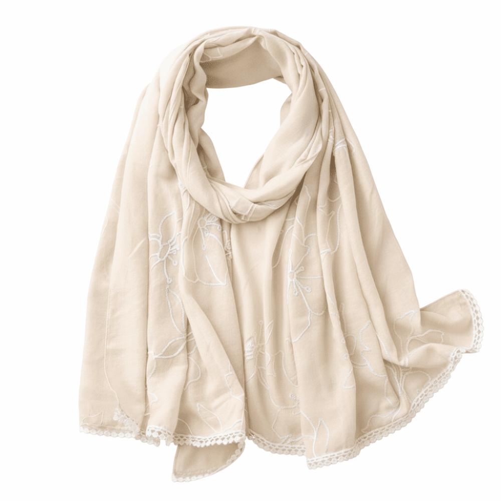 

Literary Elegant Hijab Scarf Thin Flower Embroidery Hijab Shawls Plain Design Soft Shawls Wraps for Women бежевый