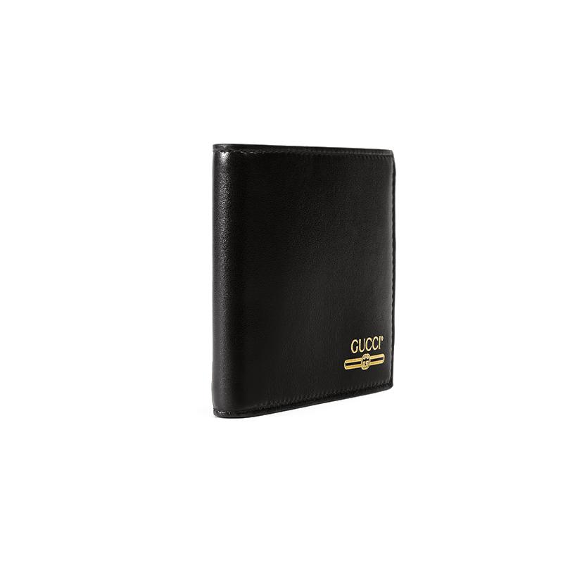 Gucci Hot Stamped Logo Cowhide Short Bi-fold Card Holder Wallet Men's Black