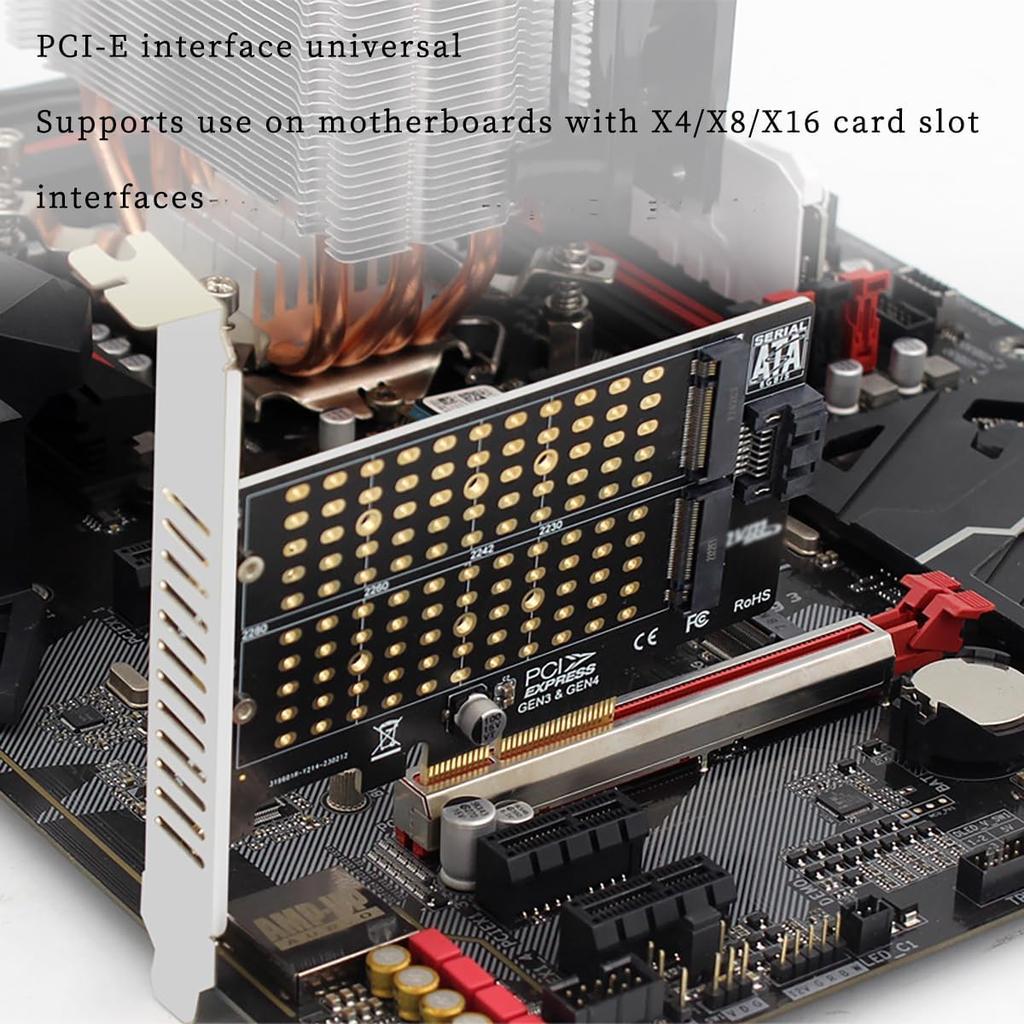 M.2 NVMe & SATA Dual SSD PCIe Conversion Adapter Card PH42: Allows simultaneous use of two SSDs Compatible with PCIe x4x8x16 slots Supports all sizes