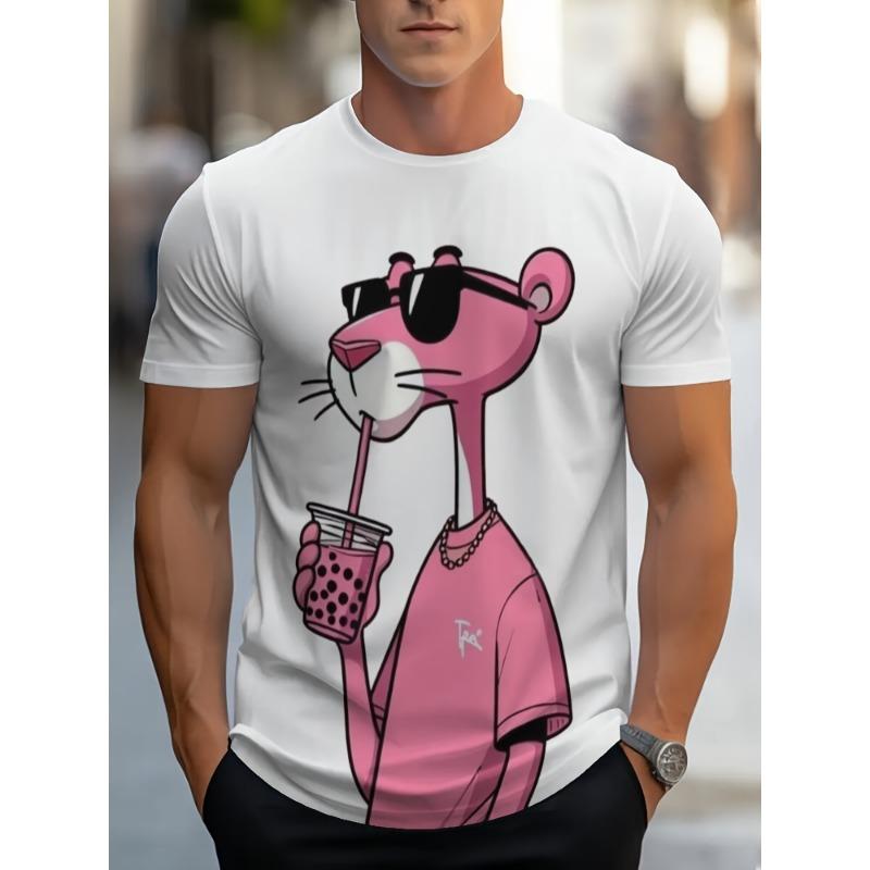 ETST0012 Zomer Nieuwe Heren T-shirts Cartoon Roze Panter Print Korte Mouw O-hals T-shirts Casual Losse Dagelijkse Sport Oversized Unisex Tops L