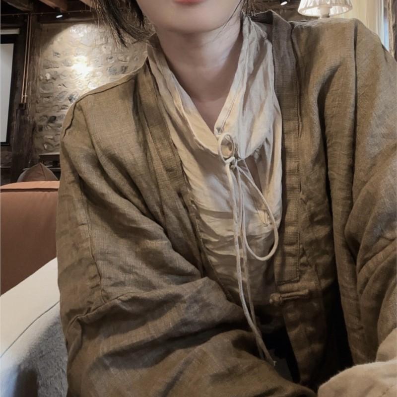 Johnature Woman Long Sleeves Solid Color Vintage Casual Tops