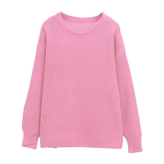 Women Pullover Sweater Round Neck Long Sleeve Elastic Fabric Knitting Tops Solid Color Loose Fit Sweater Tops