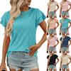 Women's Crew Neck Ruffle Short Sleeve T-Shirt Loose Fit Hollow Out Knit Casual Summer Blouse Top