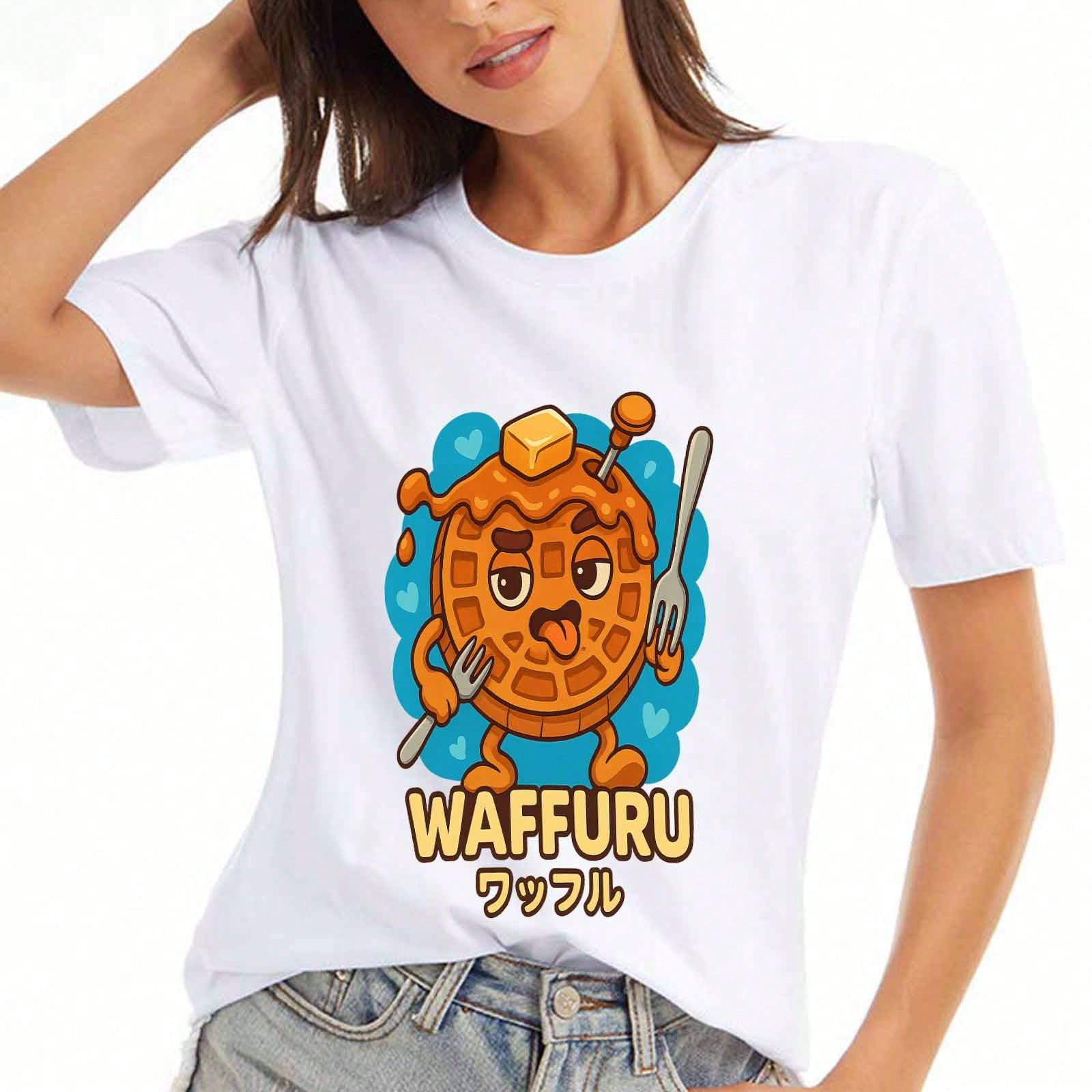 Cartoon Waffle Ladies Cotton T Shirt, Premium Cotton HighQuality Printing, Durable, Casual Fashion, Funny Food Tee, Cute Waffle Graphic TShirt, Carto S разноцветный