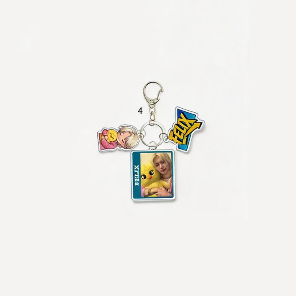 1pc Stray Kids Keychain 3-in-1 Polaroid Style Real Photo Frame Cute Cartoon Doll Colorful Name Tag Triple Charm Keyring for Bags, SKZ Merch STAY Gift