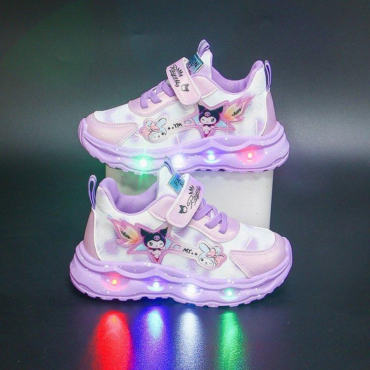 Kuromi Girls' Sneakers with Lights, New Autumn Model, Children's Leather Upper, Non-slip Soft Sole Running Shoes for Toddlers