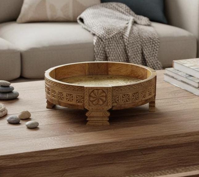 Wooden Brass Side Chakki Grinder Stool Table For Home Decor Furniture | Indian Central Coffee Table Art Decor Stool, End Table Aata Chakki