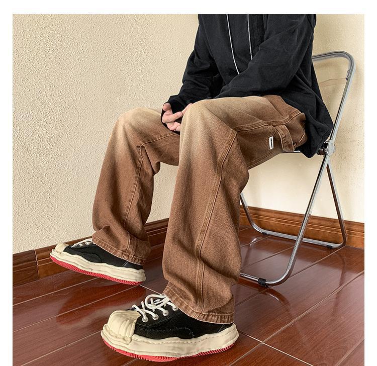 Calça jeans masculina estilo American Retro Brown Wide Leg: Macacões versáteis, folgados e de outono para as ruas da cidade