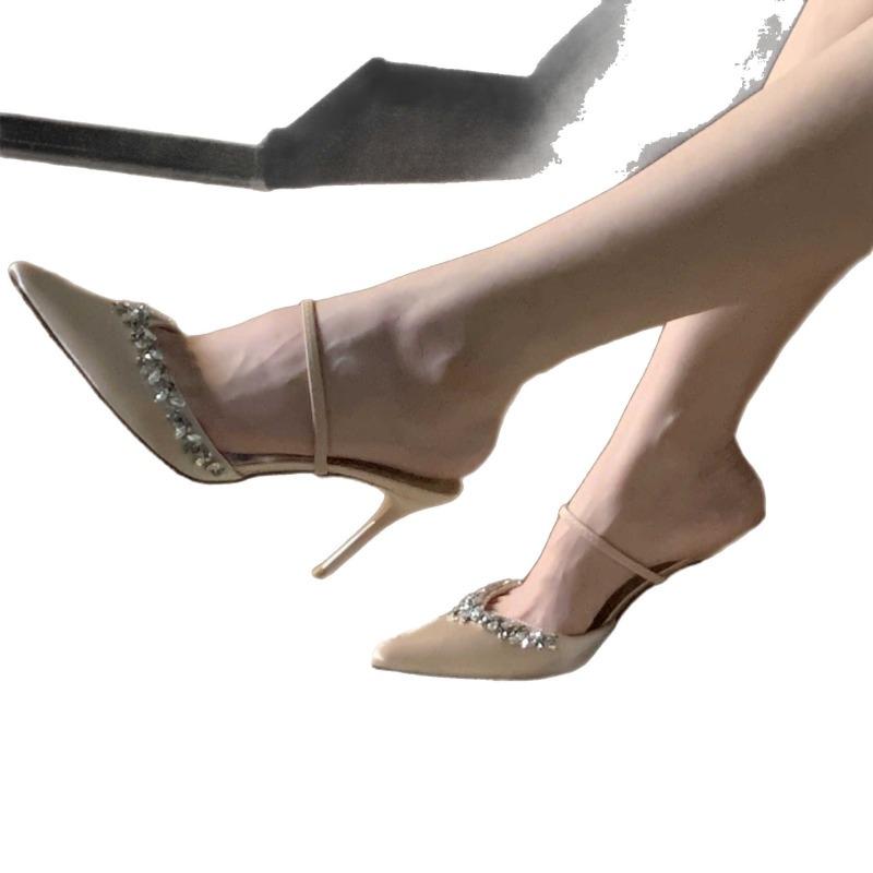 Summer new pointed rhinestone high heel fine heel champagne one word with sandals half drag cool slippers outer wear women