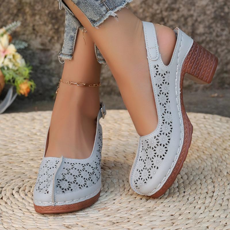 Fashion Plus Size Round Toe Shallow Mouth Cutout One Strap High Heels Summer New Baotou Waterproof Taiwanese Square Heel Sandals