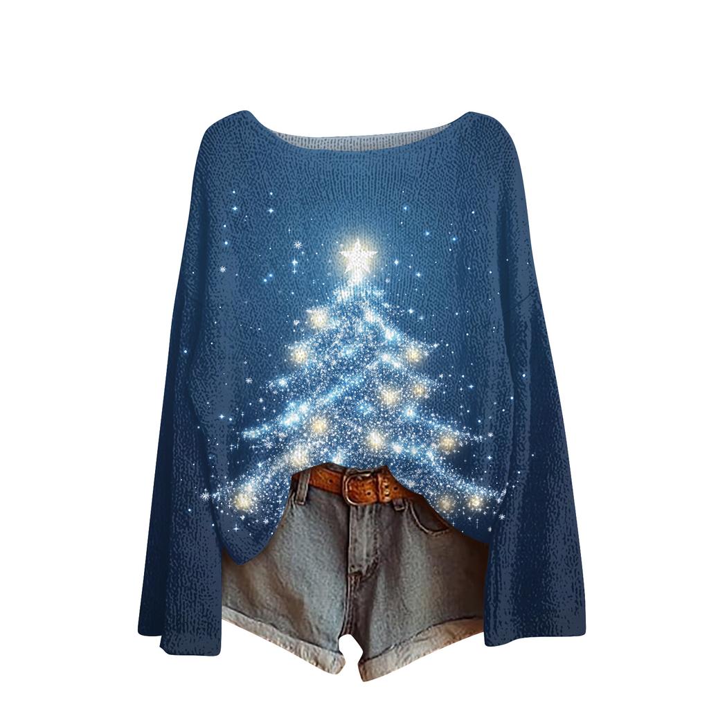 Ladies' Fashionable Casual Long Sleeved Christmas Printed Round Neck Knitted Yarn