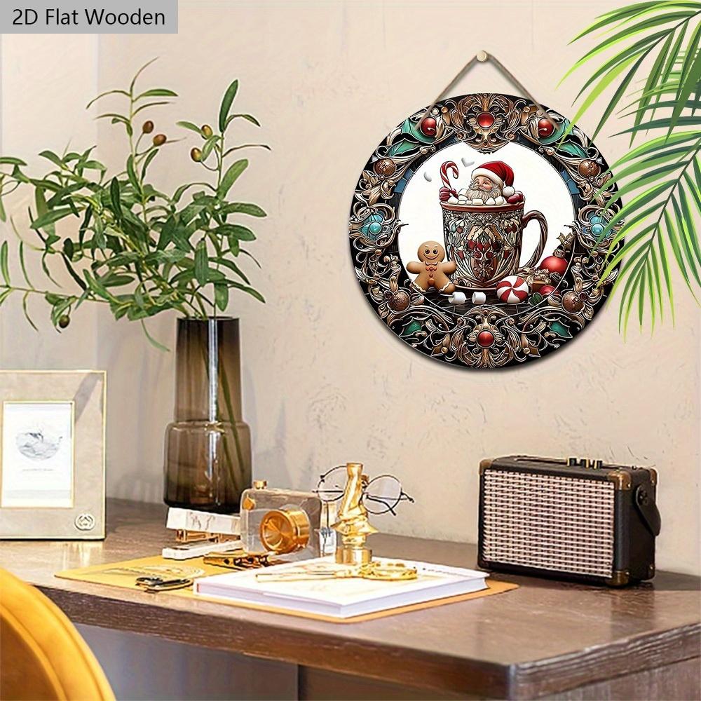 Christmas Hot Cocoa Wooden Sign with Santa Claus & Gingerbread Man Pattern - Navidad Sign for Front Door, Wall Hanging Decor - Ideal Christmas Decor