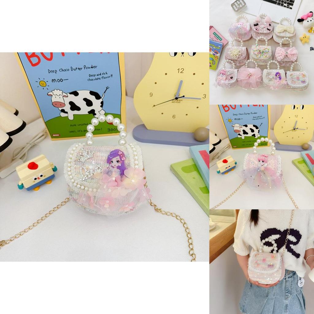 Charming Pink Bow Sequin Girls Shoulder Bag With Pearl Chain For Kids Fashion