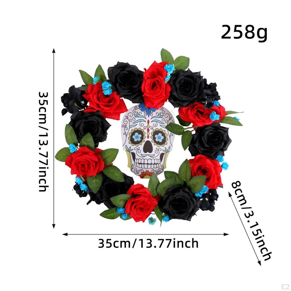 Skull Wreath Halloween with Wooden Plaque Gothic Wall Hanging for Day of the Dead, Entryway