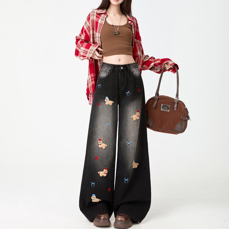 Women s Retro Puppy Embroidered Wide-Leg Jeans - Autumn Slimming Design M