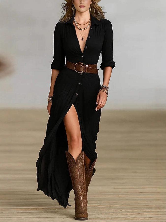 2025 European & American Women's Autumn Sexy Solid Color Belted Irregular Ruffle Dress
