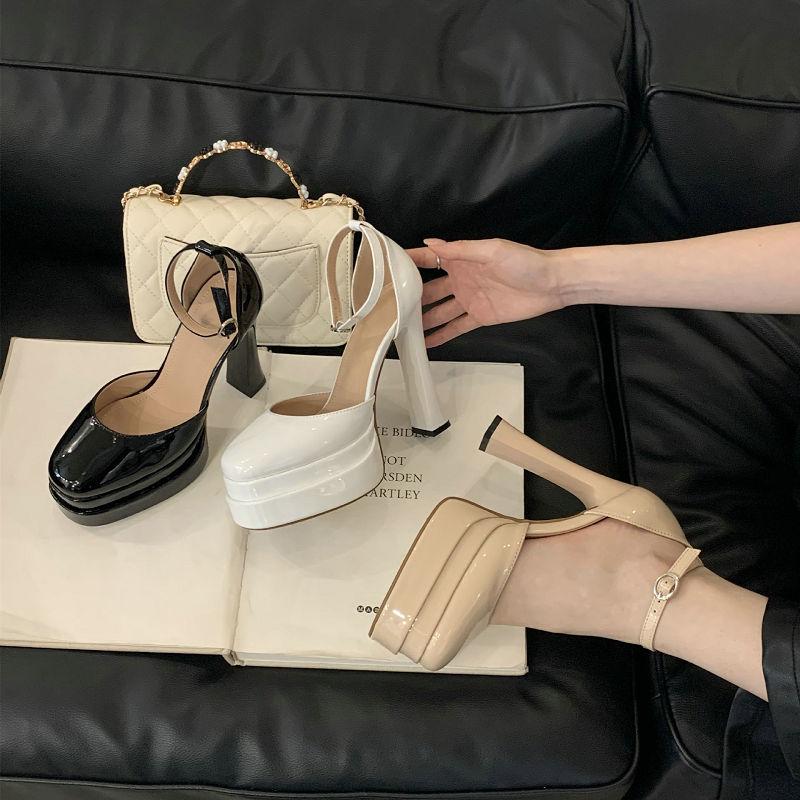 Fashion 2025 Super High Heel  Waterproof Platform Wedding Shoes Patent Leather High Heels Thick Heel Performance Host A Single Shoes
