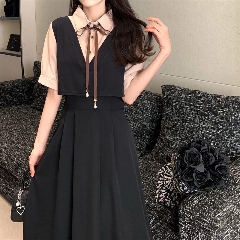 Damen Retro Patchwork Petite Sommerkleid: College-Stil, Kurzärmelig, Übergröße, Lockere Passform, Schlankmachender Zweiteiler-Look